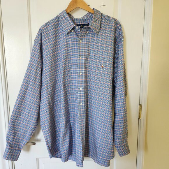 NWOT Ralph Lauren Men SZ 3XB Big Blue Plaid Button Down Shirt Colorful Pony - Picture 9 of 10